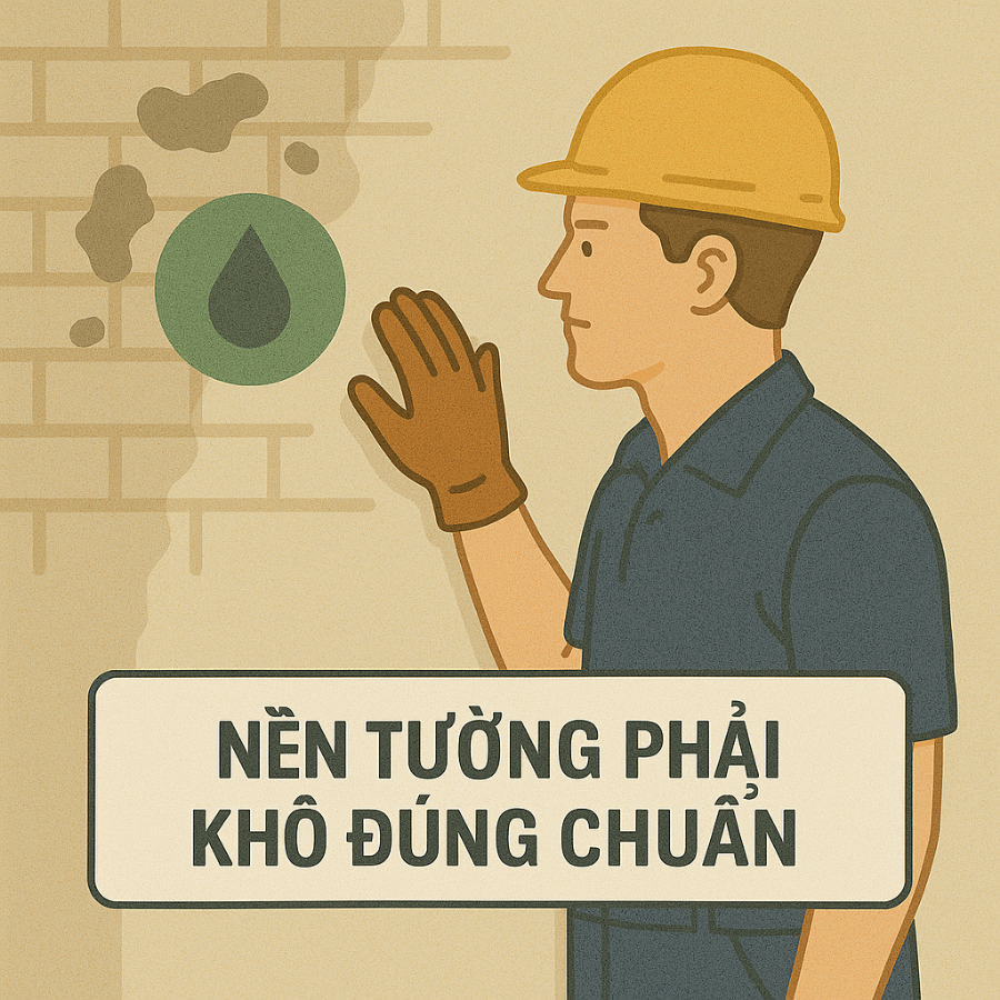 Công nhân dùng thiết bị đo độ ẩm tường trước khi thi công sơn