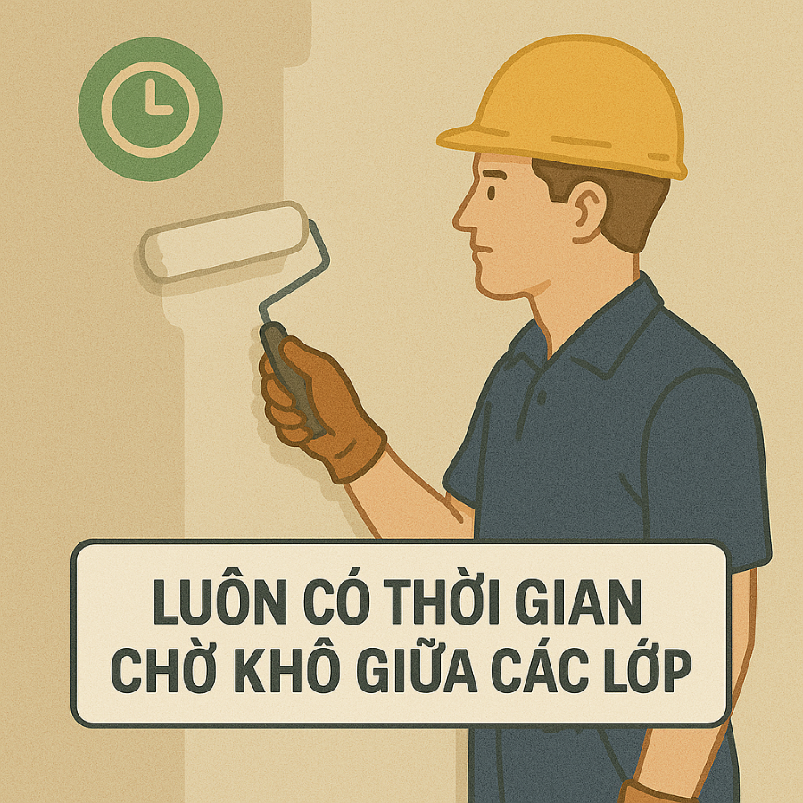 Sơn tường với lớp sơn đều màu sau thời gian chờ khô tiêu chuẩn